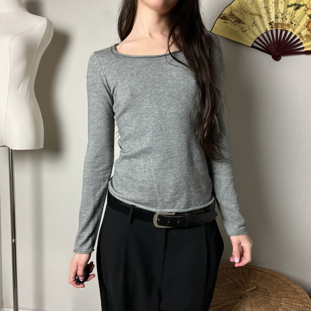 y2k vintage gray cotton angora minimalist chic fitted scoopneck sweater top
